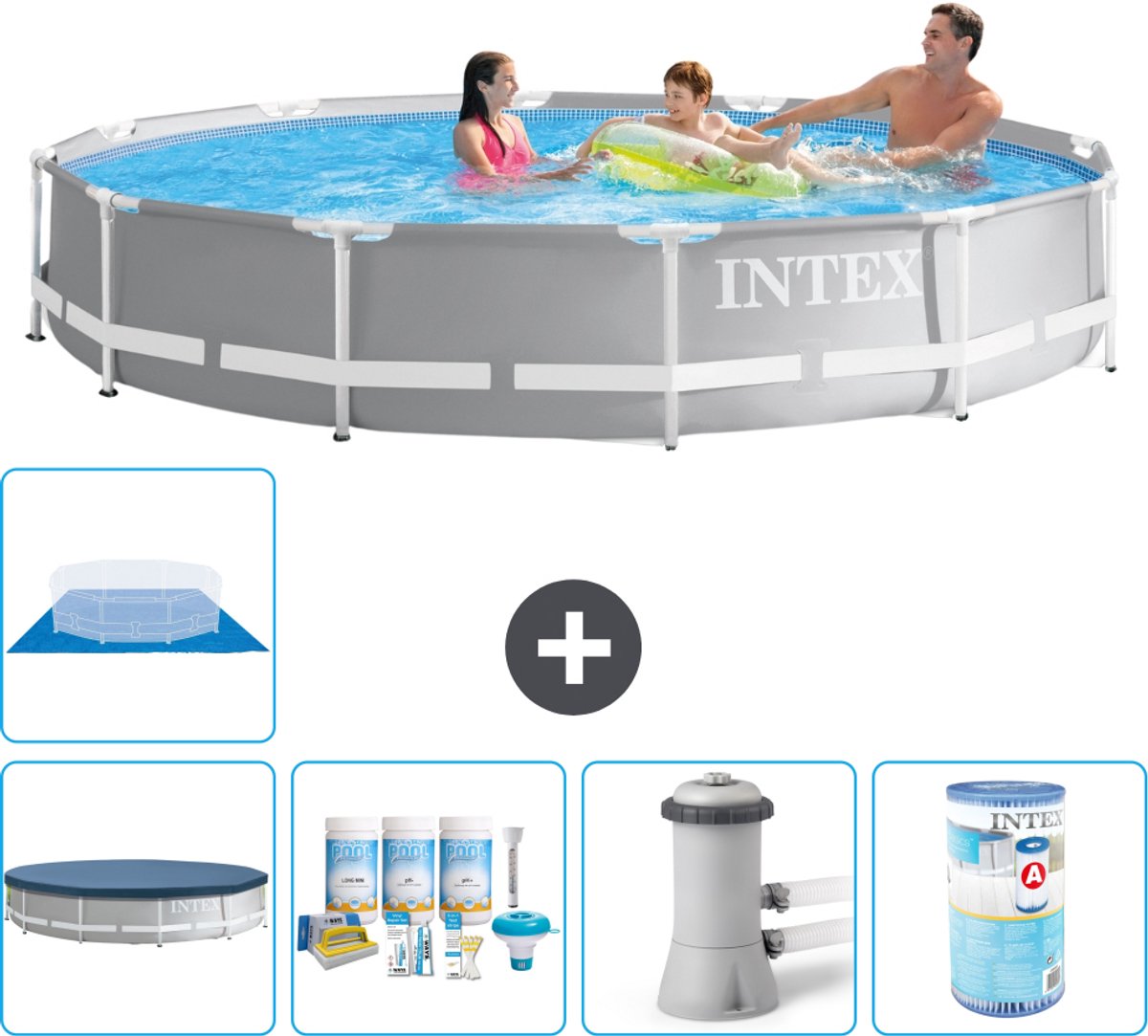 Intex Rond Prism Frame Zwembad - 366 x 76 cm - Grijs - Inclusief Afdekzeil - Onderhoudspakket - Zwembadfilterpomp - Filter - Grondzeil - 6-delig