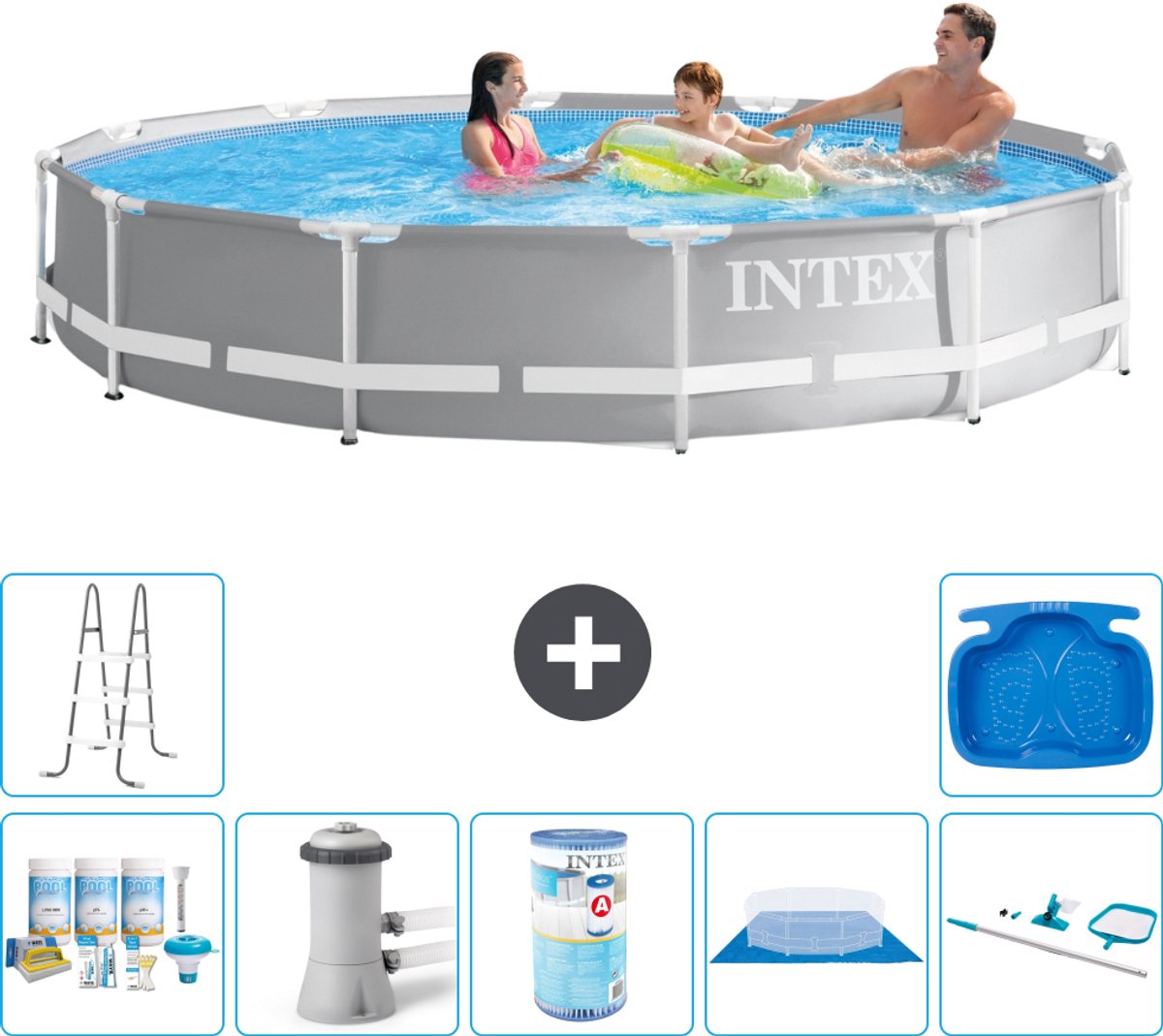 Intex Rond Prism Frame Zwembad - 366 x 76 cm - Grijs - Inclusief Onderhoudspakket - Zwembadfilterpomp - Filter - Grondzeil - Schoonmaakset - Ladder - Voetenbad - 8-delig