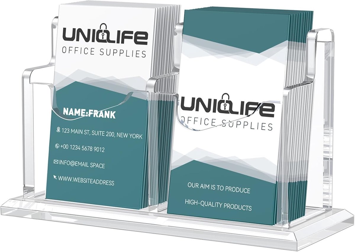 Acryl Visitekaart Houder voor Bureau met 2 Slots - Duidelijke Verticale Display Stand voor Professionele Kaarten, Organiser voor Kantoor en Thuisgebruik
