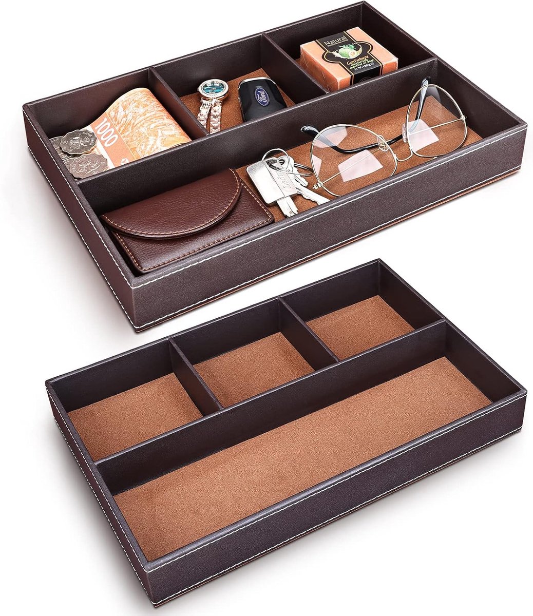 Thijox - GORESE Valet Dienblad Leren Bureaulade Organizer voor Sleutels, Schrijfwaren, Munten en Sieraden - Bruin - 2 Stuks - Perfect voor Nachttafel