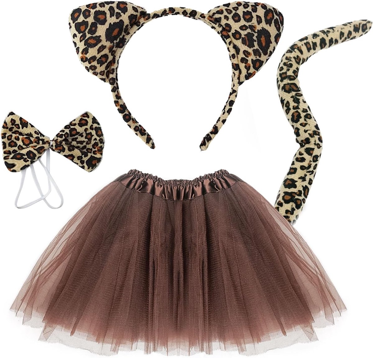 4-delige Luipaard Oorbellen Hoofdband Set met Tutu Dierlijk Rok Kostuum, Staart en Strik voor Peuters en Kinderen - Halloween, Verkleedfeest en Verjaardagsaccessoires