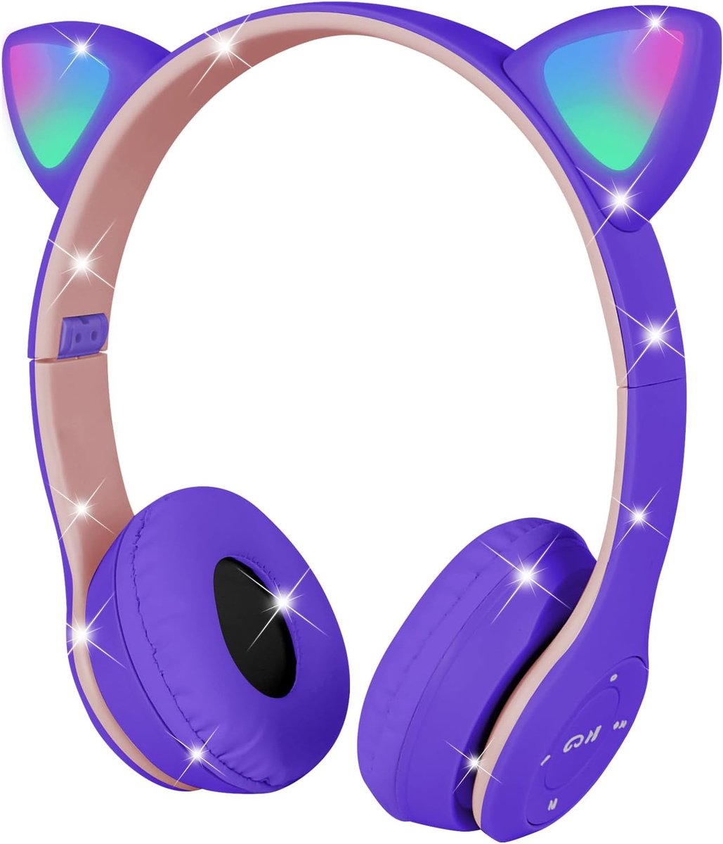 Thijox - Bluetooth Kids Hoofdtelefoons met LED Kattenoren, Draadloze en Bedrade HD Stereo Geluid, Opvouwbare Kinderen Hoofdtelefoon voor PC, Telefoon,