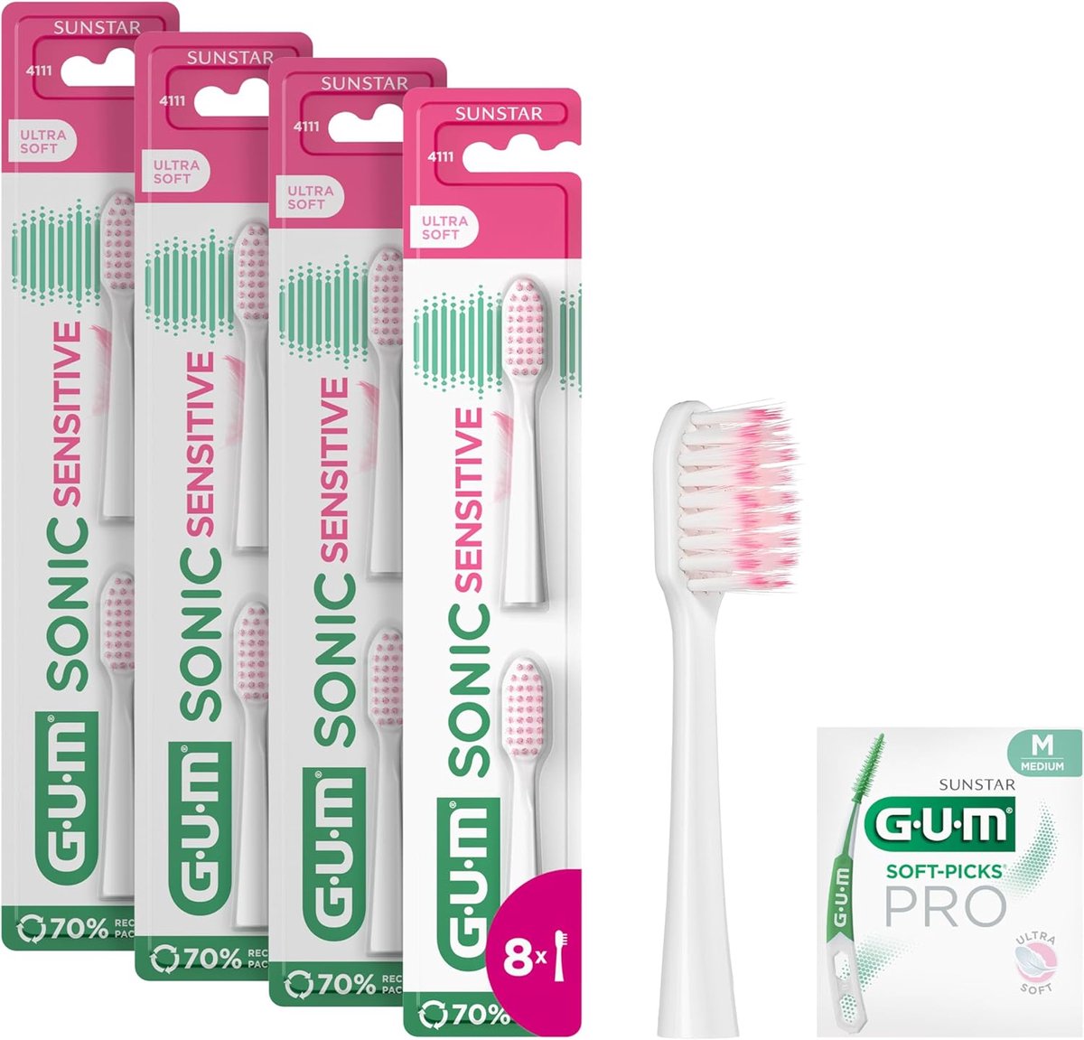 Thijox - GUM SONIC SENSITIVE Vervangende Tandenborstel Koppen Voor Op Batterijen | 6 Navulkoppen (4 Verpakkingen Van 2) | Roze + 1 Gratis Sample | Ide