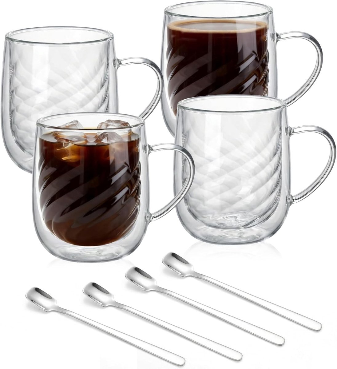 Set van 4 Dubbelwandige Koffieglaasjes 350 ml met Spiralen, Transparante Handgreep en RVS Lepel voor Cappuccino, Thee, Espresso en Latte