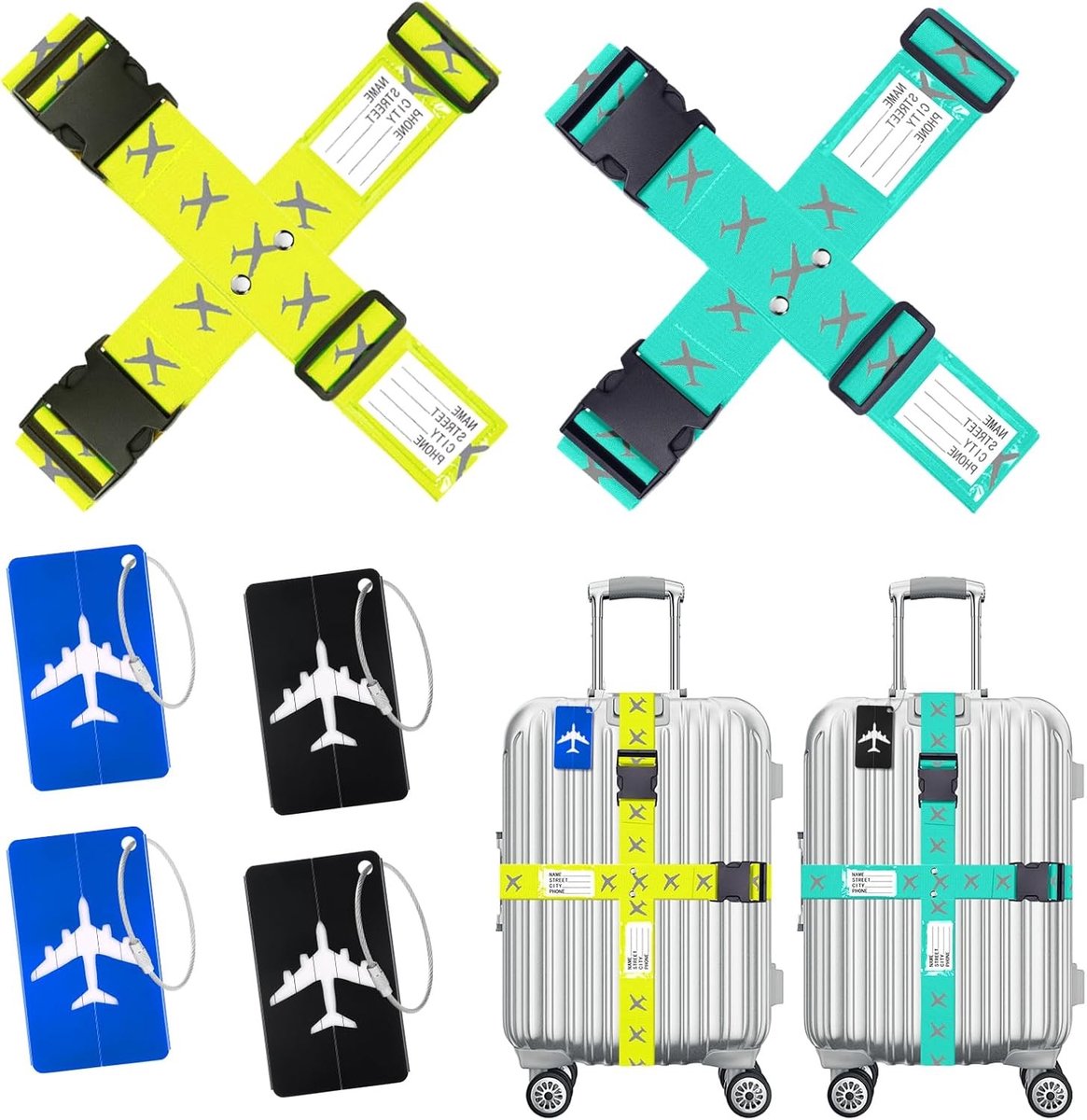 Verstelbare bagagestraps met naamlabels - 4-delige set, veilige en antislip reisriemen voor koffers, ideaal voor reisaccessoires in groen en lichtblauw