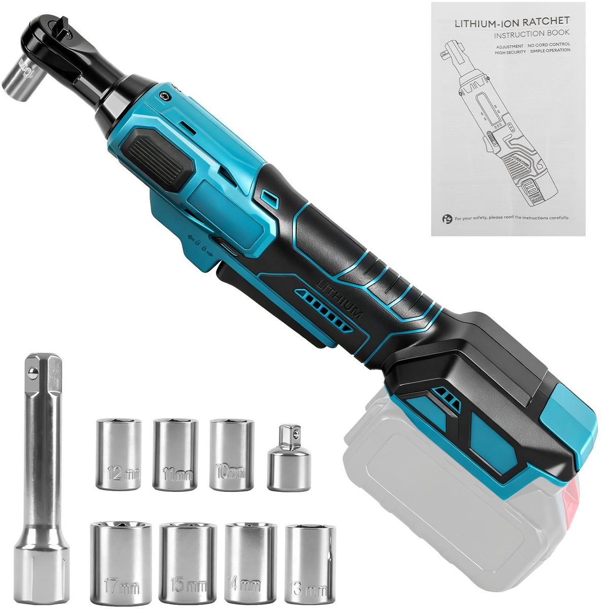 Inovra - 3/8" Accu-ratelsleutel, compatibel met Makita 18-V-accu (zonder batterij), 80 Nm, borstelloze elektrische ratel met 1/4" adapter, verlengingsstang en 7 dopringen