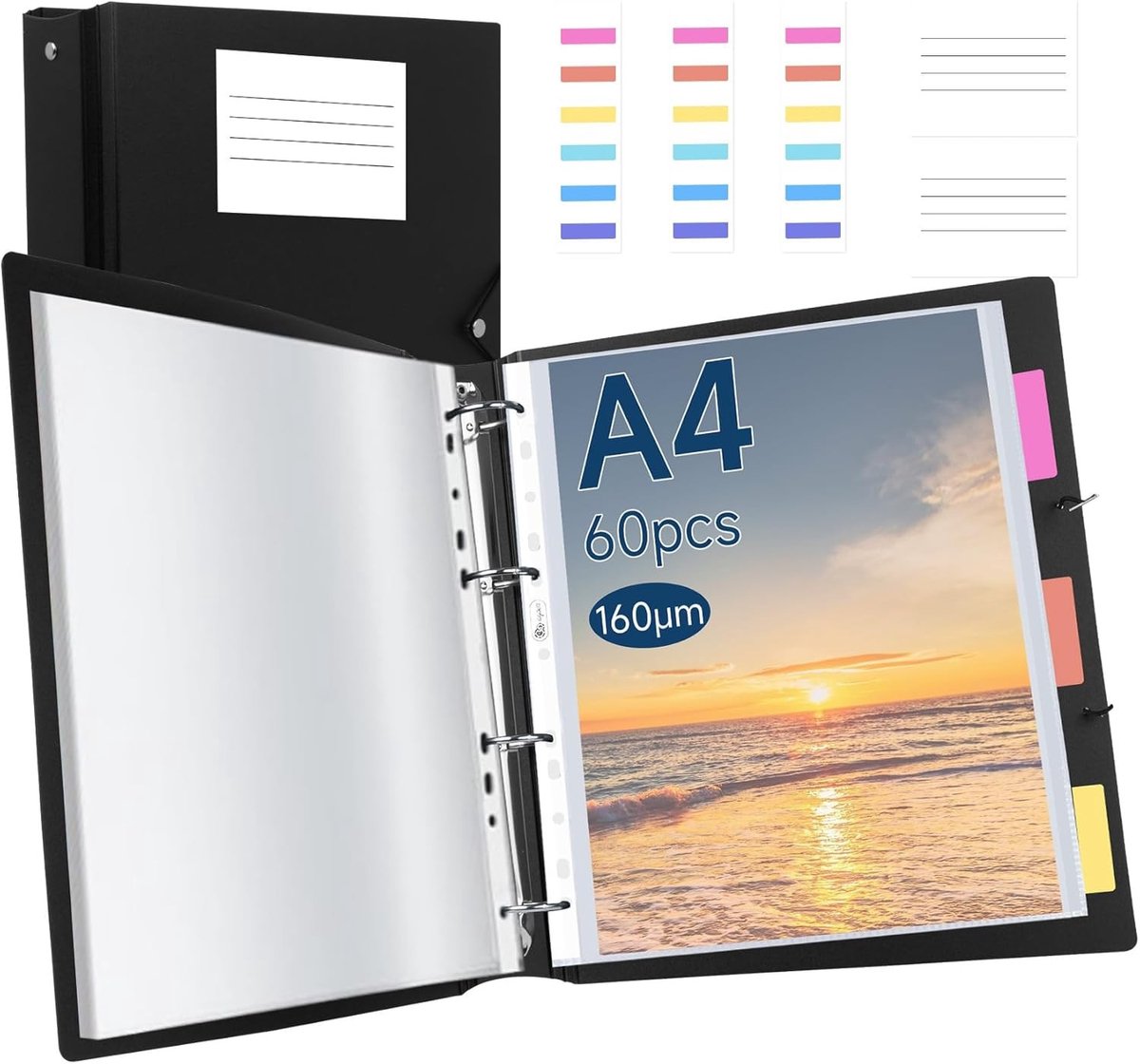 Professionele 4 Ring Binders A4 Presentatiemap met Veiligheidskabel, 60 Doorzichtige Pocketen en Indeling voor Schoolprojecten en Documenten