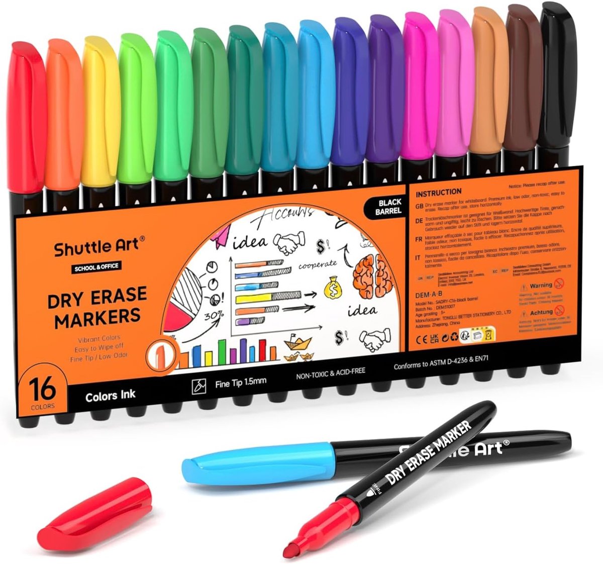 Thijox - Magnetische Whiteboardmarkers 16 Kleuren Droog Afwisbaar met Fijne Punt & Wisser - Perfect voor School, Spiegels, Kalenders & Creatieve Proje