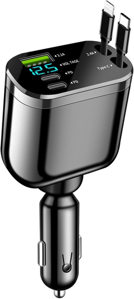 Thijox - 5-in-1 Intrekbare Autolader 80W - USB C Snelladen, LED Voltmeter, Geschikt voor Mobiele Telefoons, Tablets, Auto Accessoire