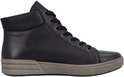 Zwarte leren hoge sneaker met rits en vetersluiting, grijze zool, linkerzij.