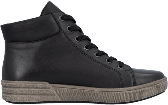 Zwarte leren hoge sneaker met rits en vetersluiting, grijze zool, linkerzij.