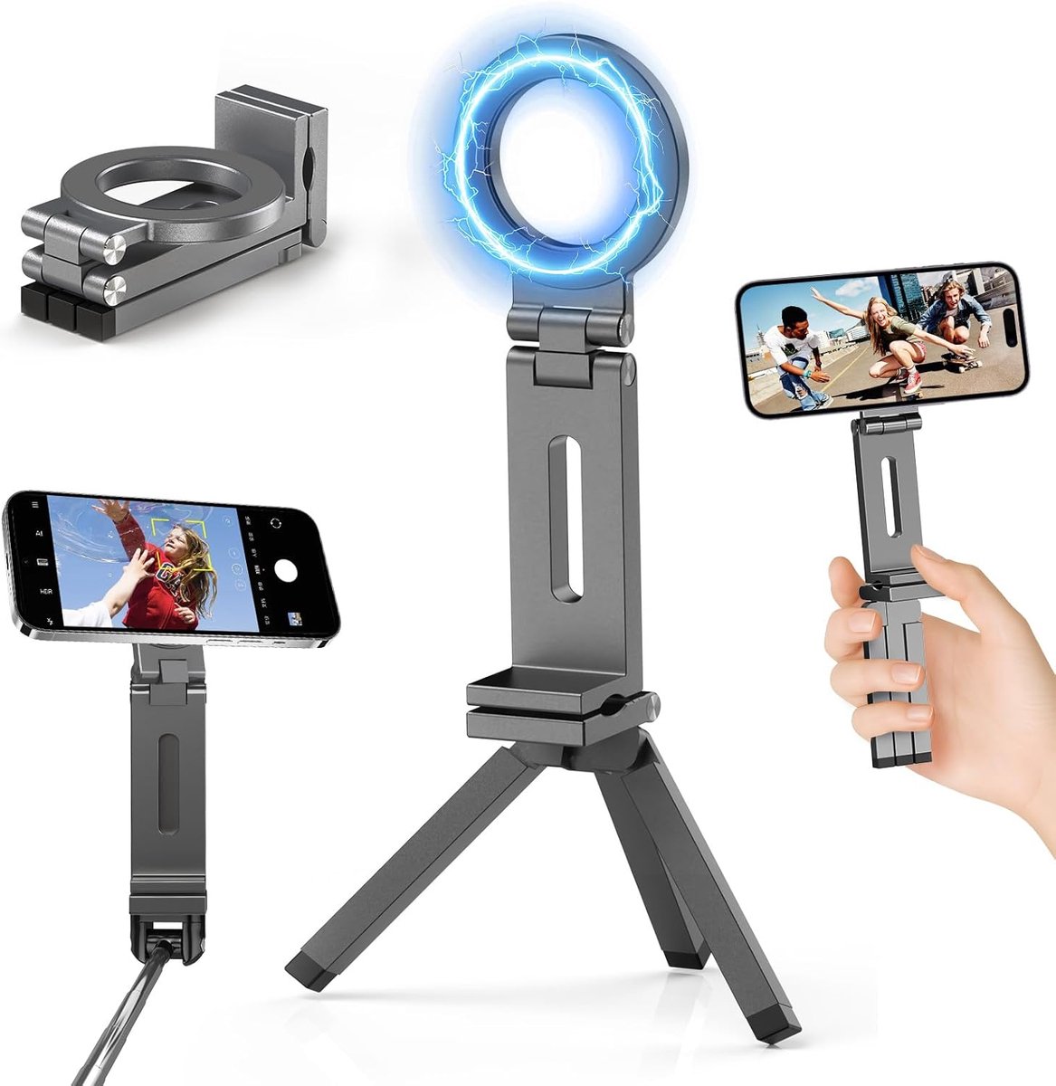Thijox - Magnetische Mobiele Telefoon Statief | Opvouwbare Selfiestick Statief | Mini Aluminium Tripod met 1/4 Inch Schroef | Voor iPhone 17, Air 16,