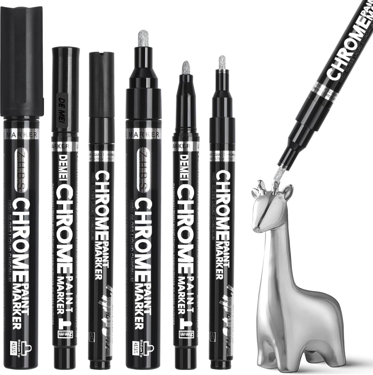 6 stuks chroom lakmarker, 0,7-1/2/3mm lakstift zilver metallic, oliegebaseerde permanente markeerset chroom marker - ShopVlot