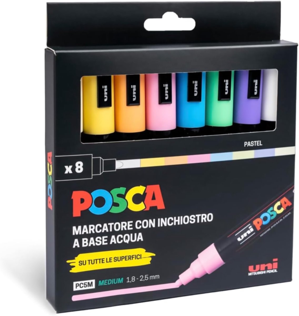 SnelShoppen - Complete set met 8 Pastelkleuren UniPosca markers, medium punt 2,5 mm - Acrylstiften voor kunst, DIY, stoffen, hout, glas, keramiek en m