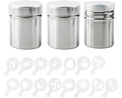 Set van 3 RVS Poeder Shakers met 16 Stuks Geprinte Mal Templates, Ideaal voor Koffie, Cappuccino en Latte, Dredger Shaker voor Keuken en Restaurants
