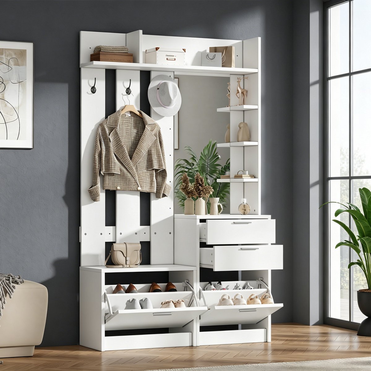 KOMHTOM Kapstok - Wandkapstok met Schoenenbank - 2 Lades - 2 Uitklapbare Schoenenkasten - 3 Haken - Spiegel - 3 Planken - Hal Slaapkamer Woonkamer - Wit - 110x34x185cm