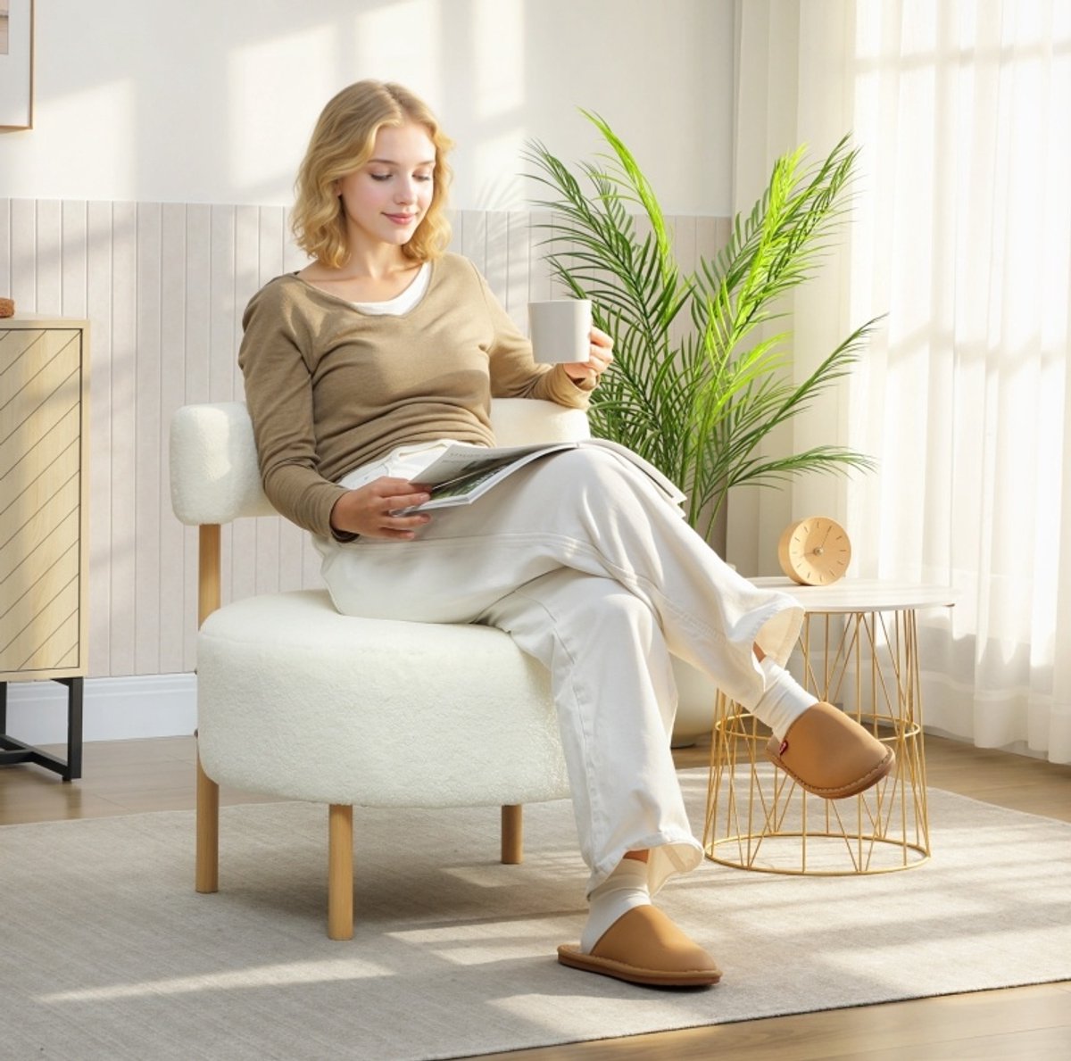 MEUNIQ fauteuil met sherpa-bekleding en houtlook metalen poten 67 x 67 x 71 cm, gepolsterd