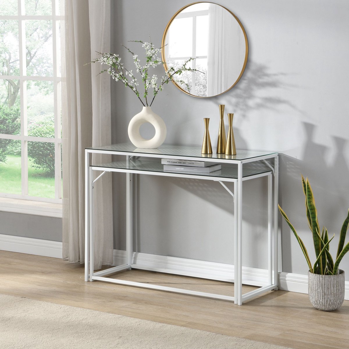 Ervesto Consoletafel Set Van 2 - Sidetable - Haltafel - Wit Met Glazen Blad - Metaal En Veiligheidsglas - Nestbaar En Ruimtebesparend