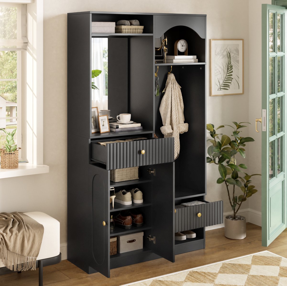 MIVRAY Schoenenkast - Halmeubel Met Spiegel, Haken, Lade En LED - Opbergruimte Met Zitbank Voor Gang - MDF - 100x35x180 Cm - Zwart