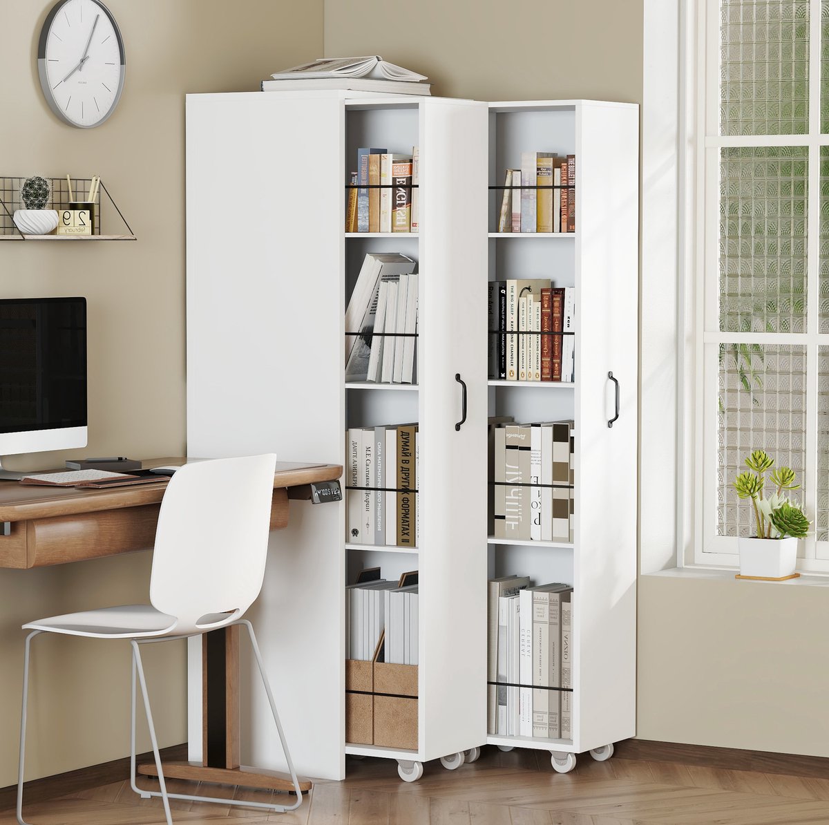 MIVRAY Boekenkast - Uitschuifbaar Met Wielen En 4 Niveaus - Flexibele Opberger Voor Woonkamer Keuken Of Badkamer - MDF - 51,5x41x158 Cm - Wit