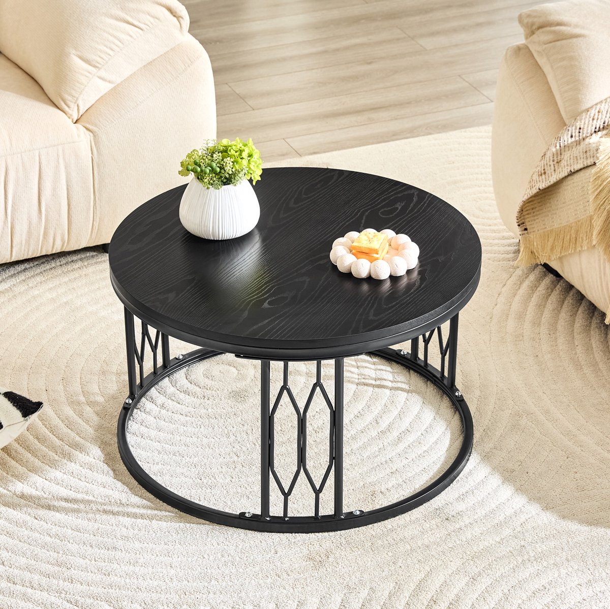 MIVRAY Salontafel - Rond Met Houtlook Blad En Metalen Frame - Voor Woonkamer Of Naast Bank - MDF En Metaal - 70 x 40,5 Cm - Zwart