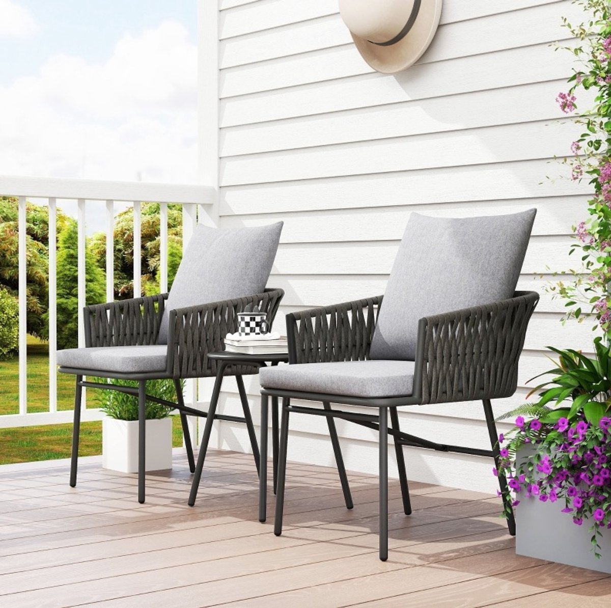 DESMIU Bistroset 3-Delig - 2 Stoelen Met Tafel En Afneembare Kussens - Voor Balkon, Tuin En Terras - Staal En Rattanlook - Grijs