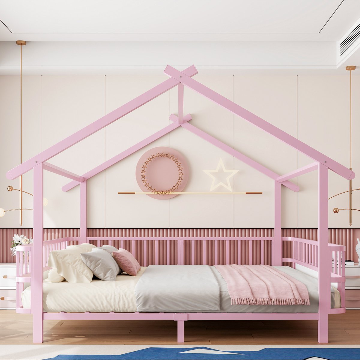 140 x 200 cm kinderbed - huisvorm - met veiligheidshekje - dakontwerp en decoratief frame - roze - zonder matras