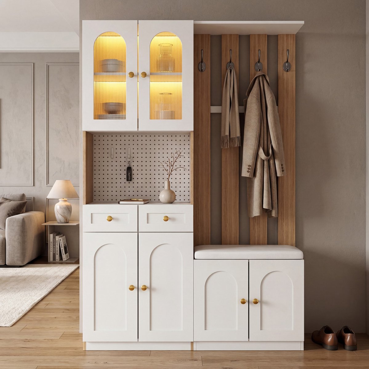 FloraGrace Schoenenkast - Multifunctionele Halgarderobe Met Zitbank En Ledverlichting - Vrijstaand Voor Hal En Entree - MDF - 120x30x180 Cm - Wit Eiken