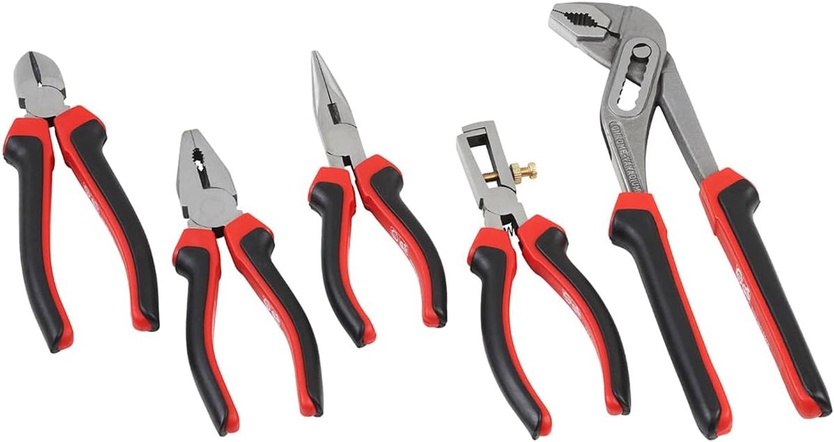 Thijox - 5-delige Tangenset - Combinatietang, Zijkniptang, Punttang, Striptang, Waterpomptang - Handgereedschap voor Huishouden, Werkplaats & Klussen