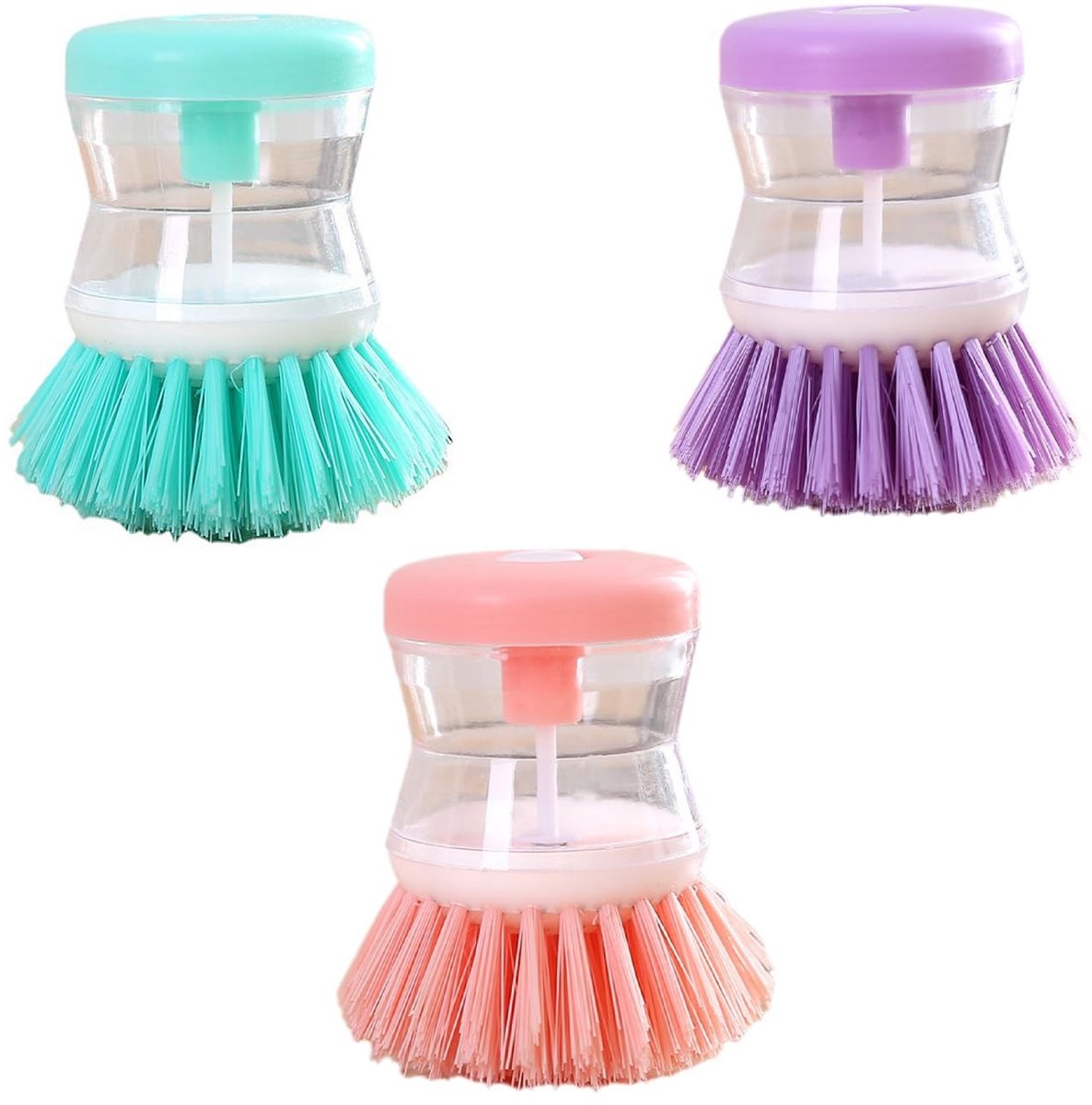 Dailygoods - Vastsea 3 Stuks Afwasborstel met Afwasmiddeldispenser, Vulbare Afwasborstels, Duurzame Afwasborstels voor Afwassen met Dichte Premium Haren, Heldere Afwasborstels voor Aanrecht, Pan en Pot