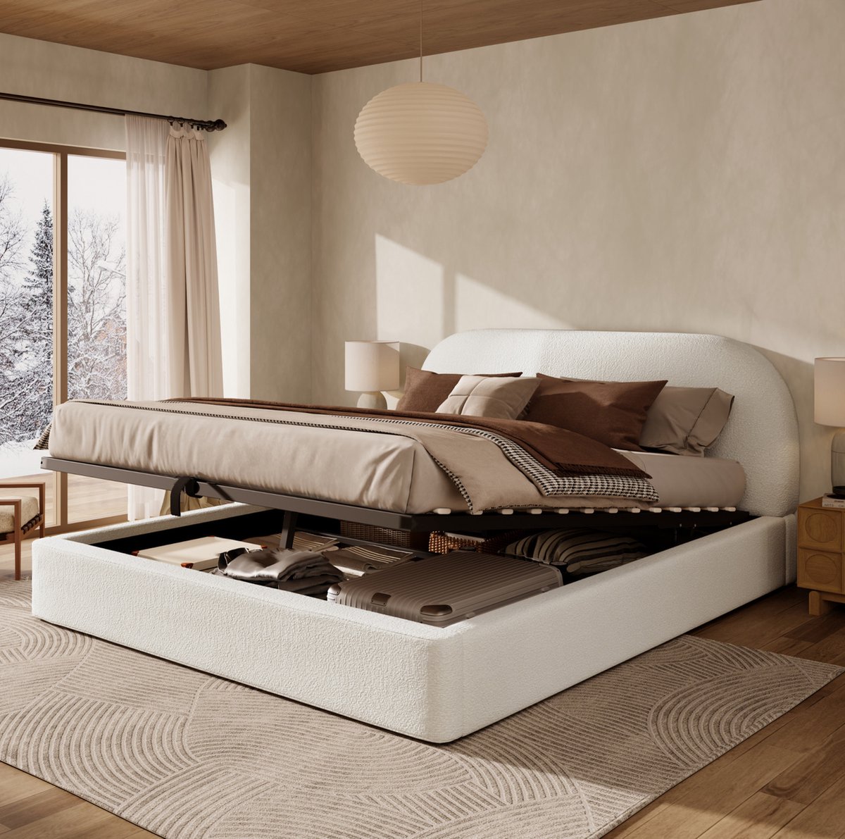 FloraGrace Gestoffeerd Bed 160x200 cm - Hydraulische Opbergruimte - Met Lattenbodem en Hoofdbord - Zonder Matras - Beige