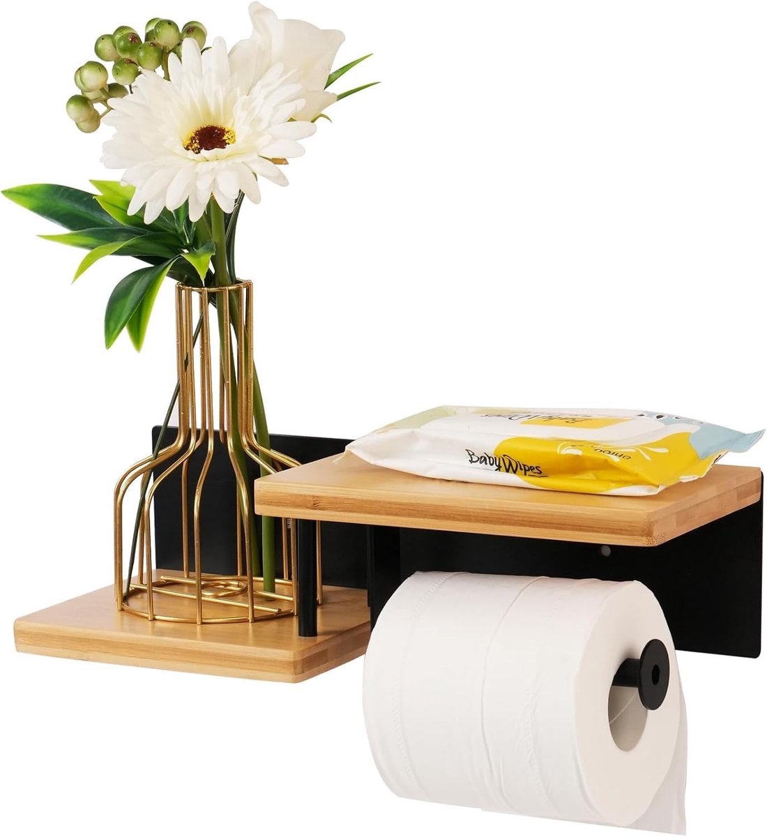Houten Toiletpapierhouder met Plank, Geen Boren Nodig, Ideaal voor Badkamer en Keuken, Geschikt voor Meerdere Rollen