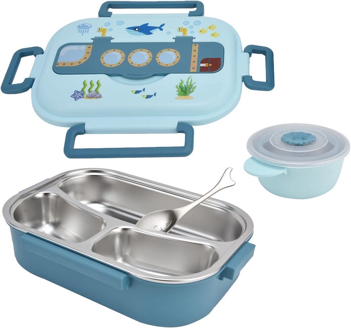 Bento Box voor Kinderen, Roestvrijstalen Lunchdoos met 3 Compartimenten, Schattige Cartoon Ontwerpen voor School en Peuterspeelzaal