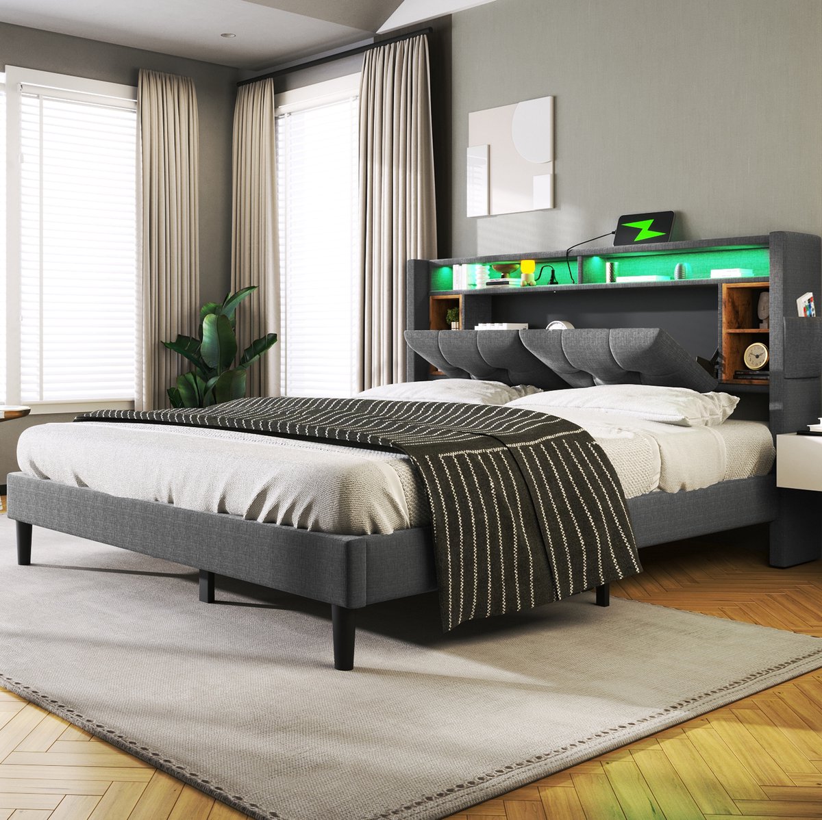 FloraGrace Gestoffeerd Bed 160x200 cm - Tweepersoonsbed Met USB, Stopcontact en LED - Opberg Hoofdbord - Zonder Matras - Grijs