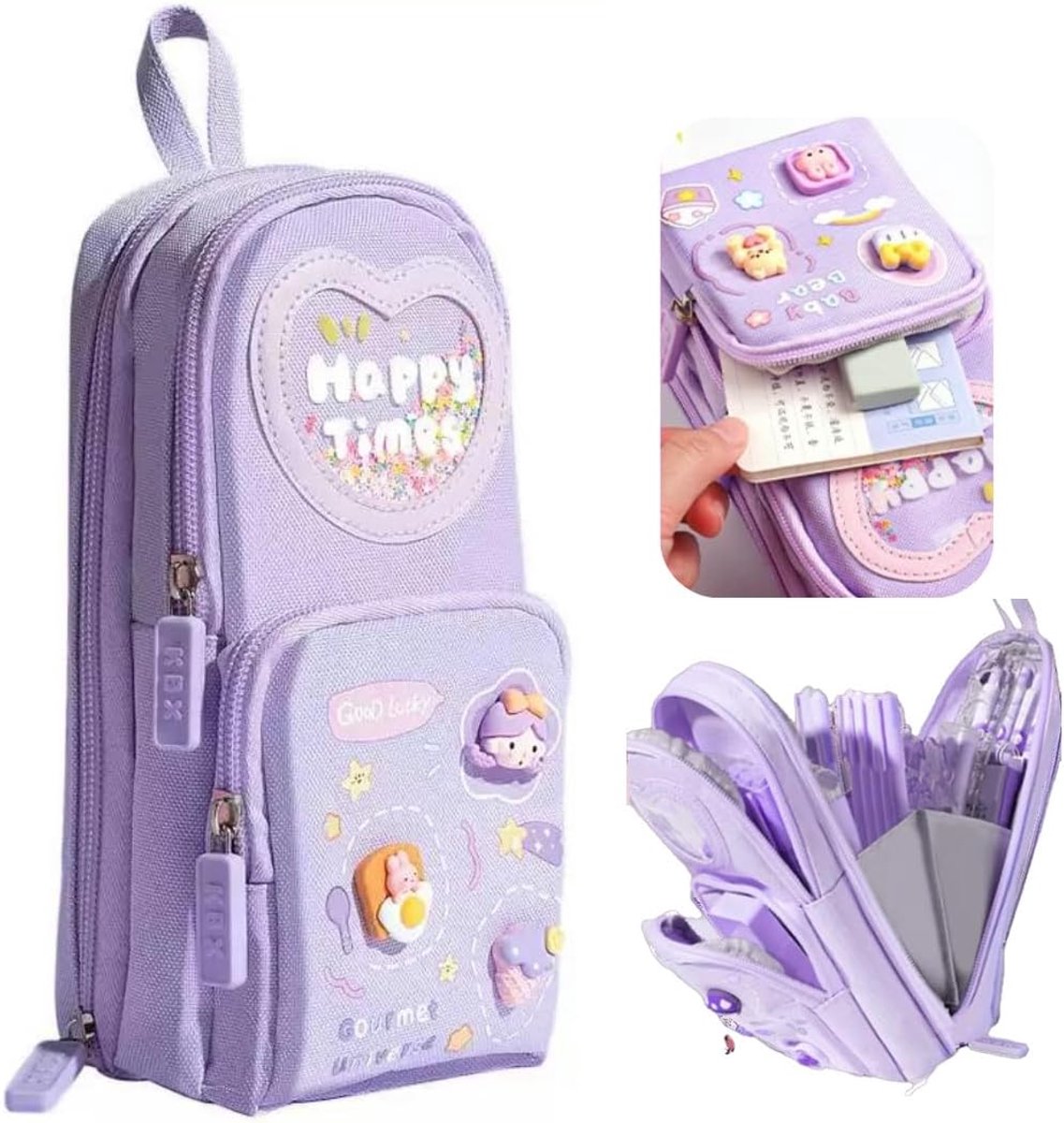 KZQ Grote kawaii potloodetui met 3 compartimenten - Schattige stationery organizer voor school kantoor en reizen - Perfect cadeau voor meisjes en kunstliefhebbers - Paars