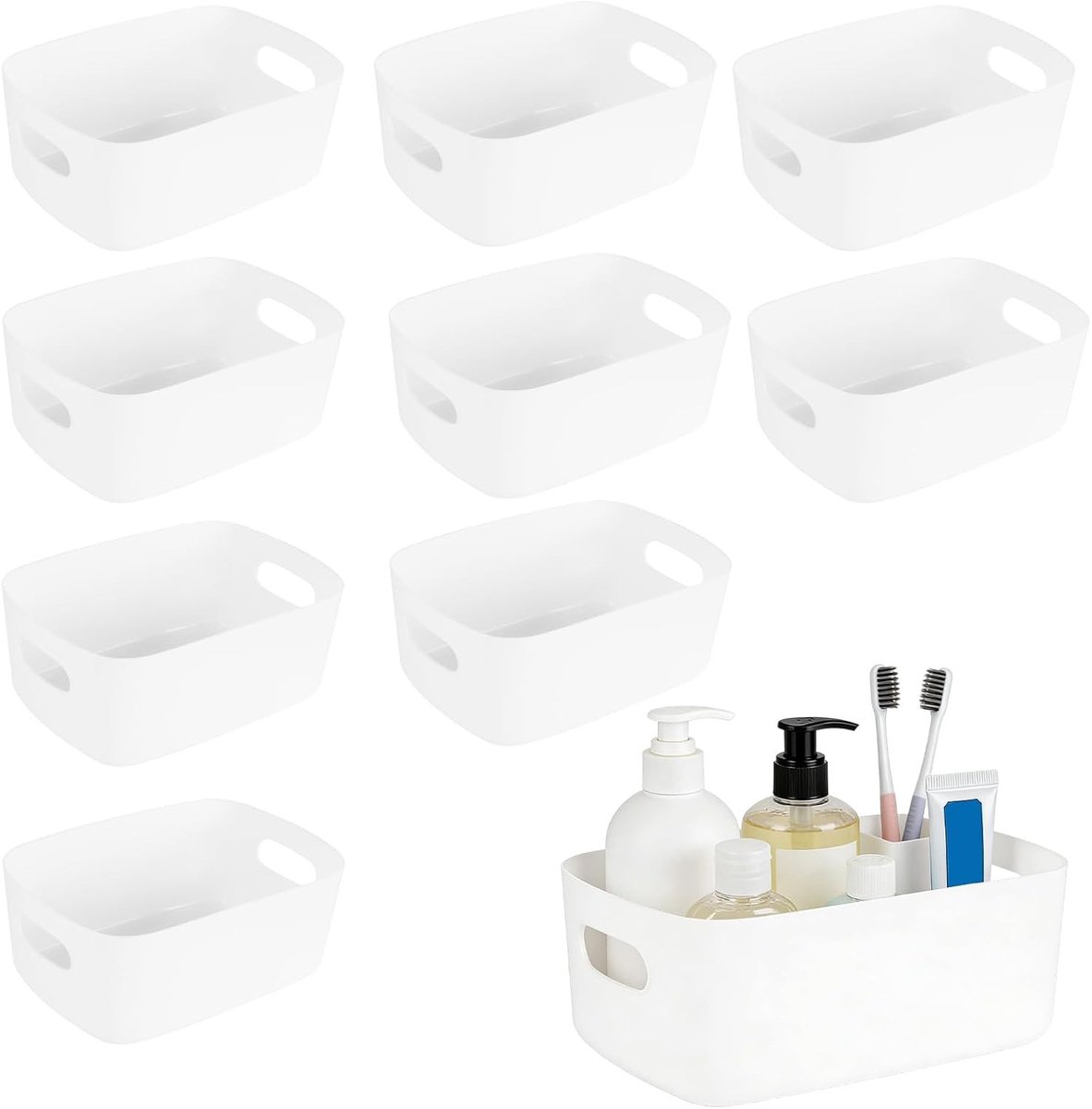 Set van 10 Opbergdozen - Witte Plastic Opbergmanden met Handvatten, Stapelbare Organizers voor Keuken, Badkamer en Kantoor, 24.5 x 18 x 10 cm
