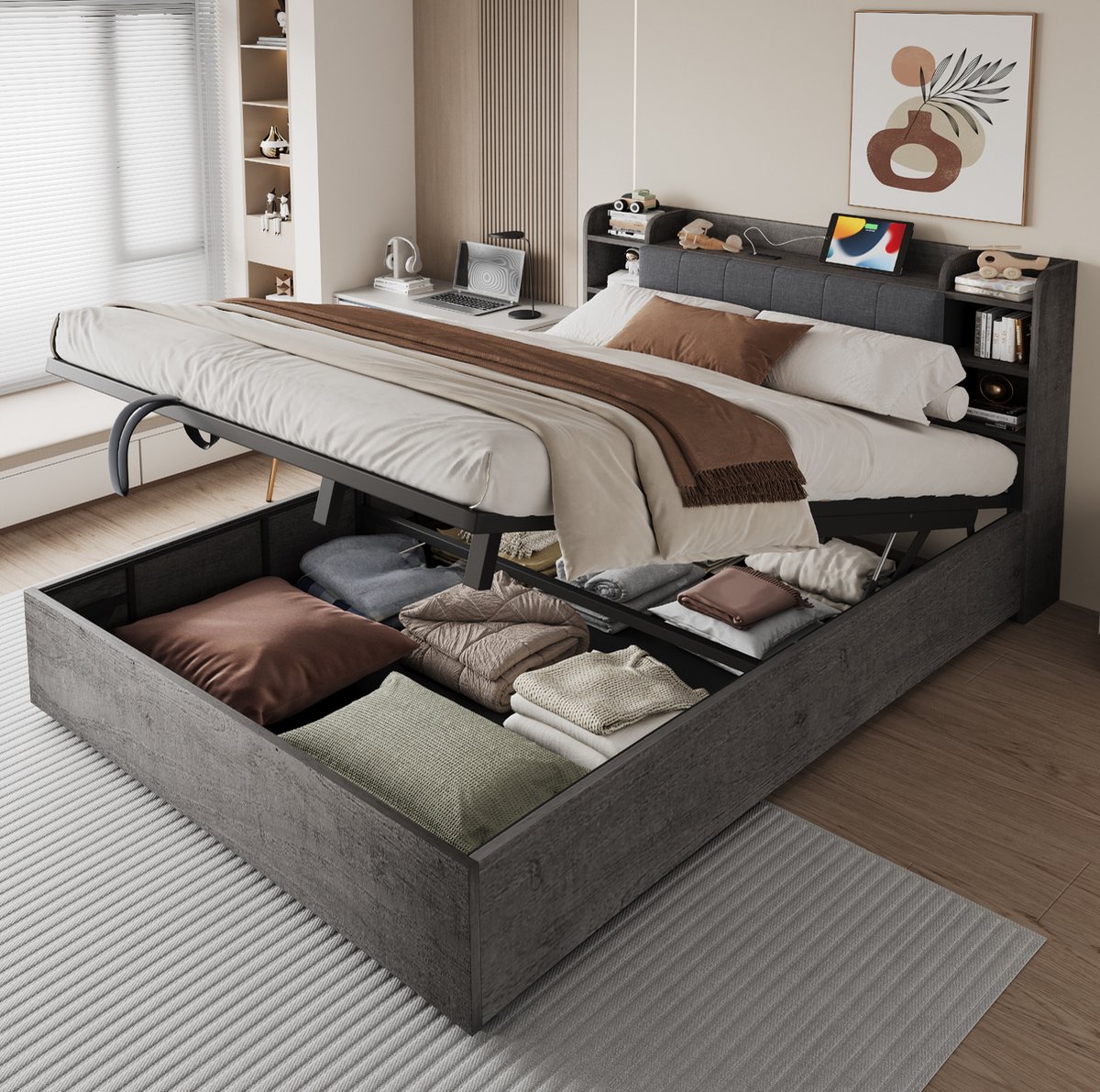 FloraGrace Bed 180x200 cm - Hydraulisch Bed Met USB En USB-C Oplaadpunten - Hoofdbord Met Opbergruimte - Zonder Matras - MDF - Grijs
