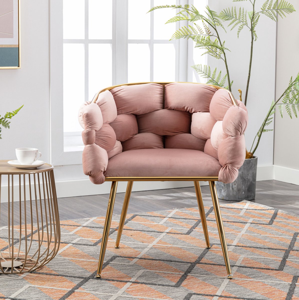 MIVRAY Fauteuil - 58 x 59 x 75 cm - Fluwelen Accentstoel Met Armleuningen En Goudkleurig Metalen Onderstel - Voor Woonkamer En Slaapkamer - Roze