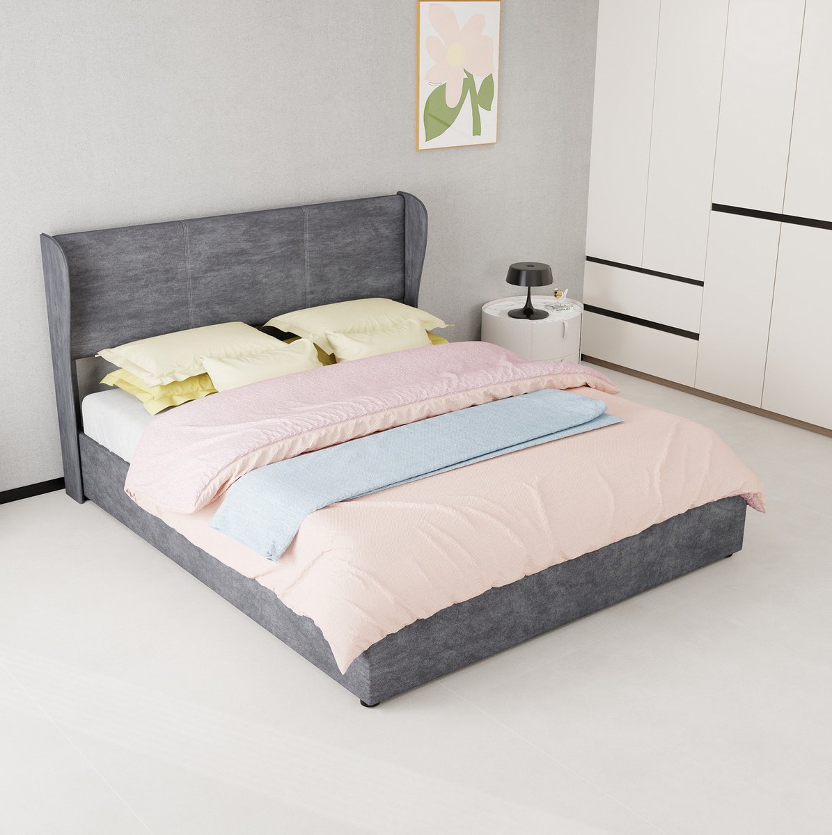 FloraGrace Gestoffeerd Bed 160x200 cm - Met Gasveermechanisme en Opbergruimte - Tweepersoonsbed met Lattenbodem - Zonder Matras - Stof - Grijs