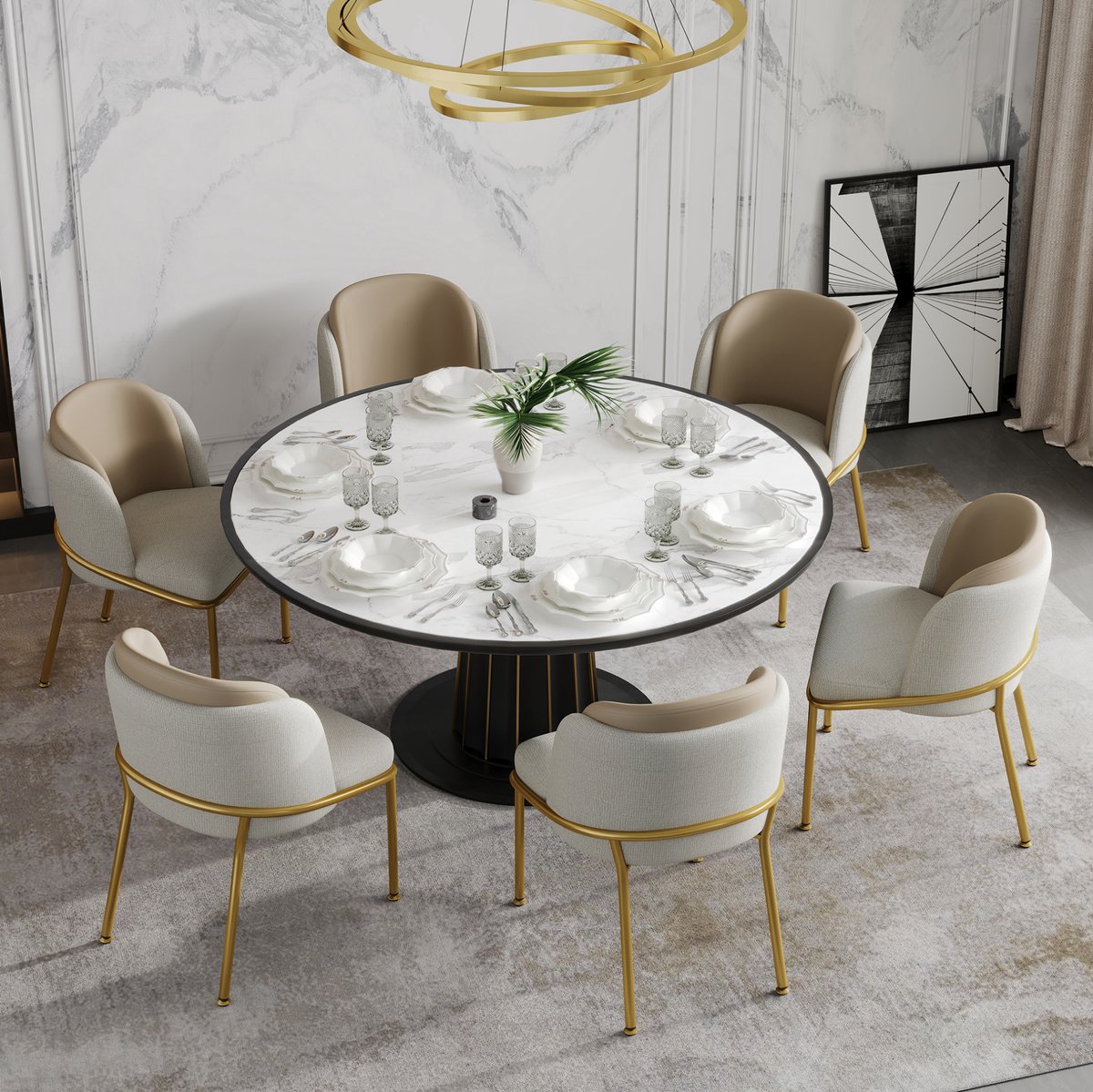 DESMIU Eetkamerstoel 55 x 55 x 85 cm - Set Van 6 Met Verstelbare Voetdoppen - Voor Eethoek En Open Werkruimte - Kunstleer Beige
