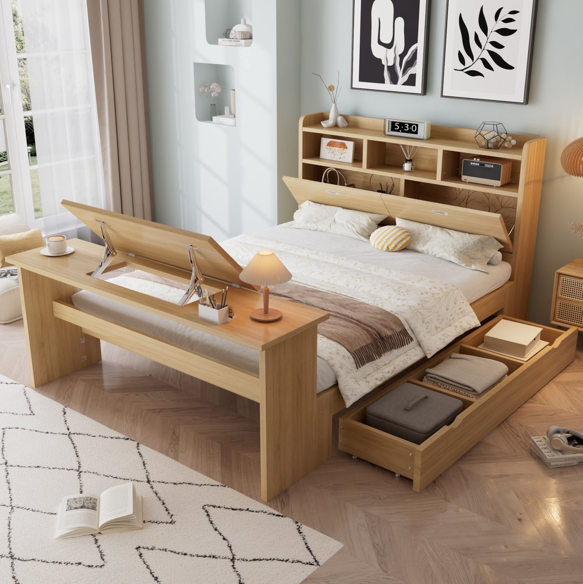 STILVORA Tweepersoonsbed 140x200 cm Zonder matras Opbergruimte met Bedlade en Klaptafel Voor Jeugdkamer en Kleine Slaapkamer Naturel Hout