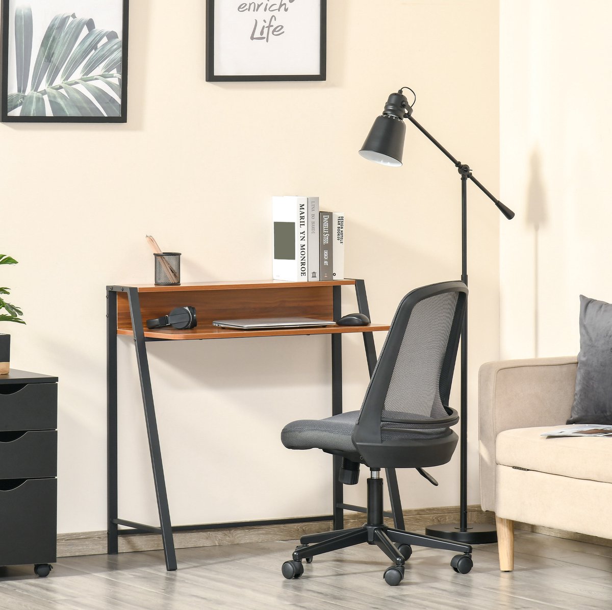 MIVRAY Bureau - Computertafel Met Opbergplank En Kabeldoorvoer - Compact Voor Thuiswerk En Studeerkamer - MDF En Metaal - 84x45x85 Cm - Walnoot
