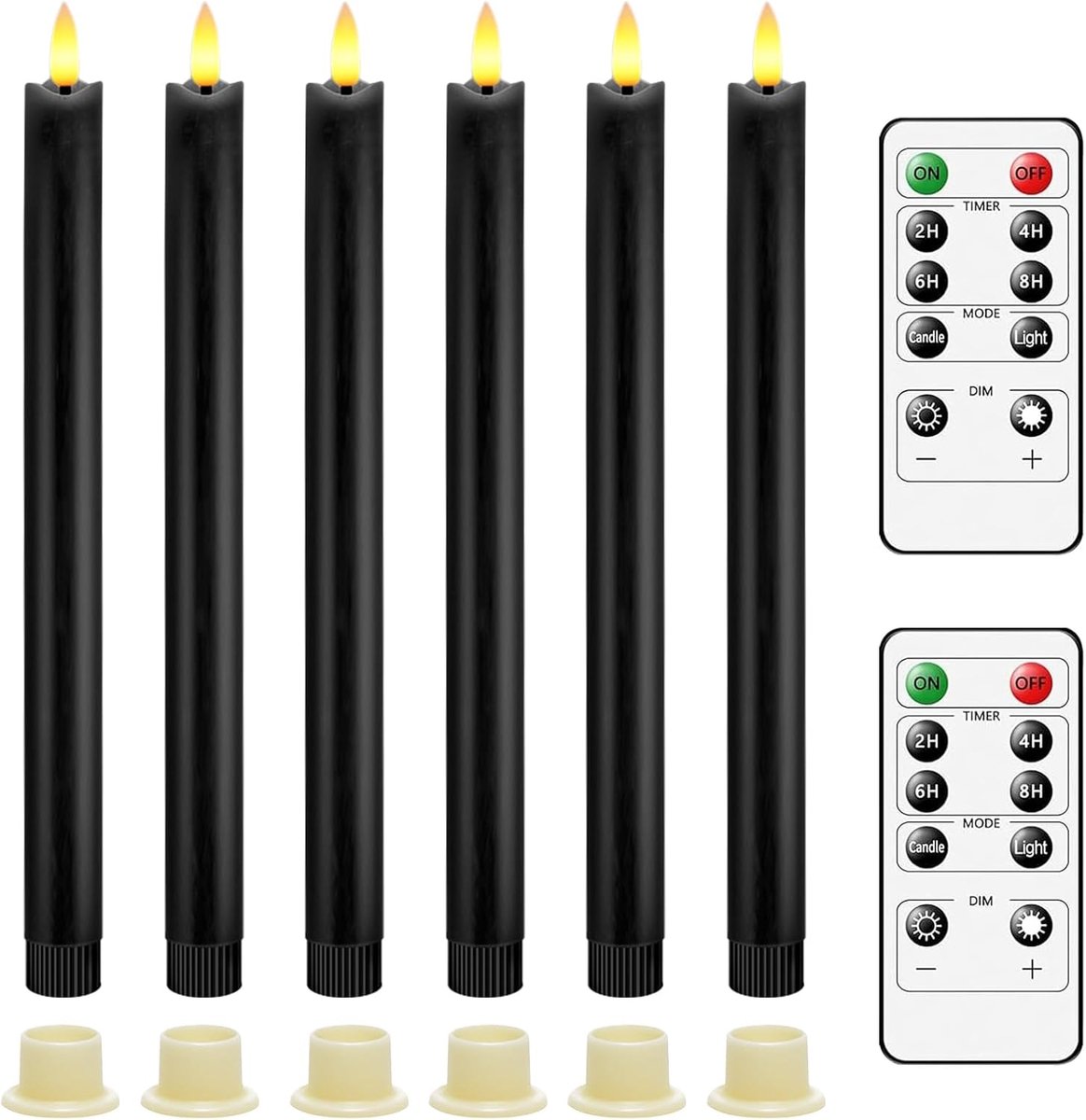 Thijox - Set van 6 LED-kaarsen met 3D-vlam, vlamloze kaarsen met afstandsbediening en 24-uurs timerfunctie, zwart, perfecte woondecoratie voor kerstfe