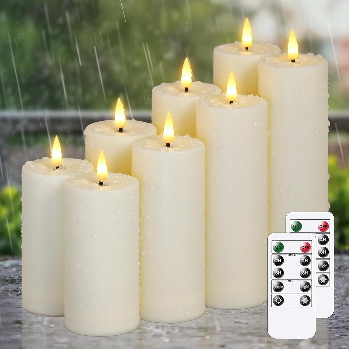 SnelShoppen - Vlamloze Waterdichte LED Pilarenkaarsen Set van 8 - 5,5cm tot 17,5cm - Ivoor Kunststof - Met Afstandsbediening en Timer - Flikkerend War