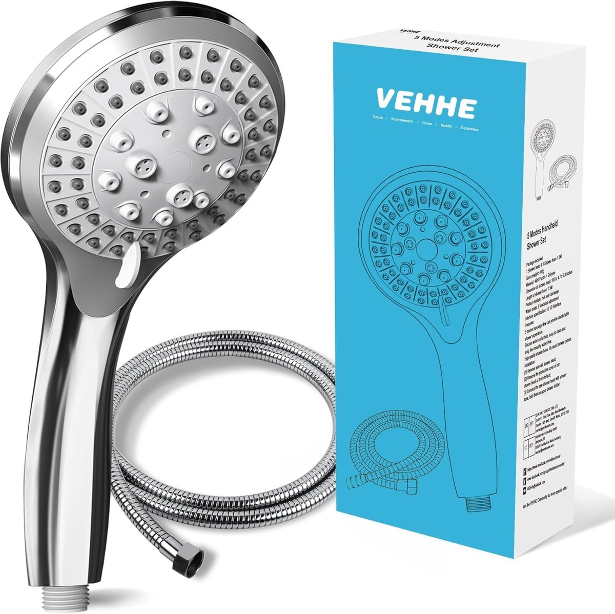 SnelShoppen - Douchekop met slang 1,5 m, chroom, 5 straalsoorten, hogedruk, waterbesparend, handdouche voor volwassenen, kinderen en huisdieren