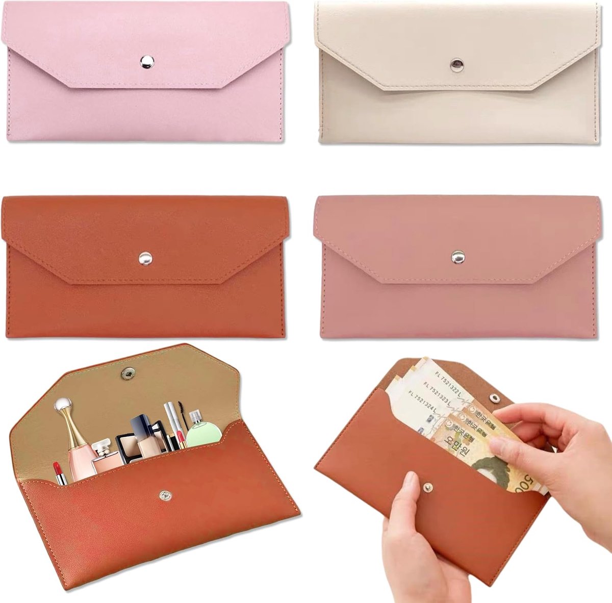 Thijox - Cash Envelop Portemonnee 4 Stuks PU Lederen Envelopportemonnee 20 x 10 cm voor Contant Geld, Kaarten, Bonnen, Rekeningen en Cheques Dames en
