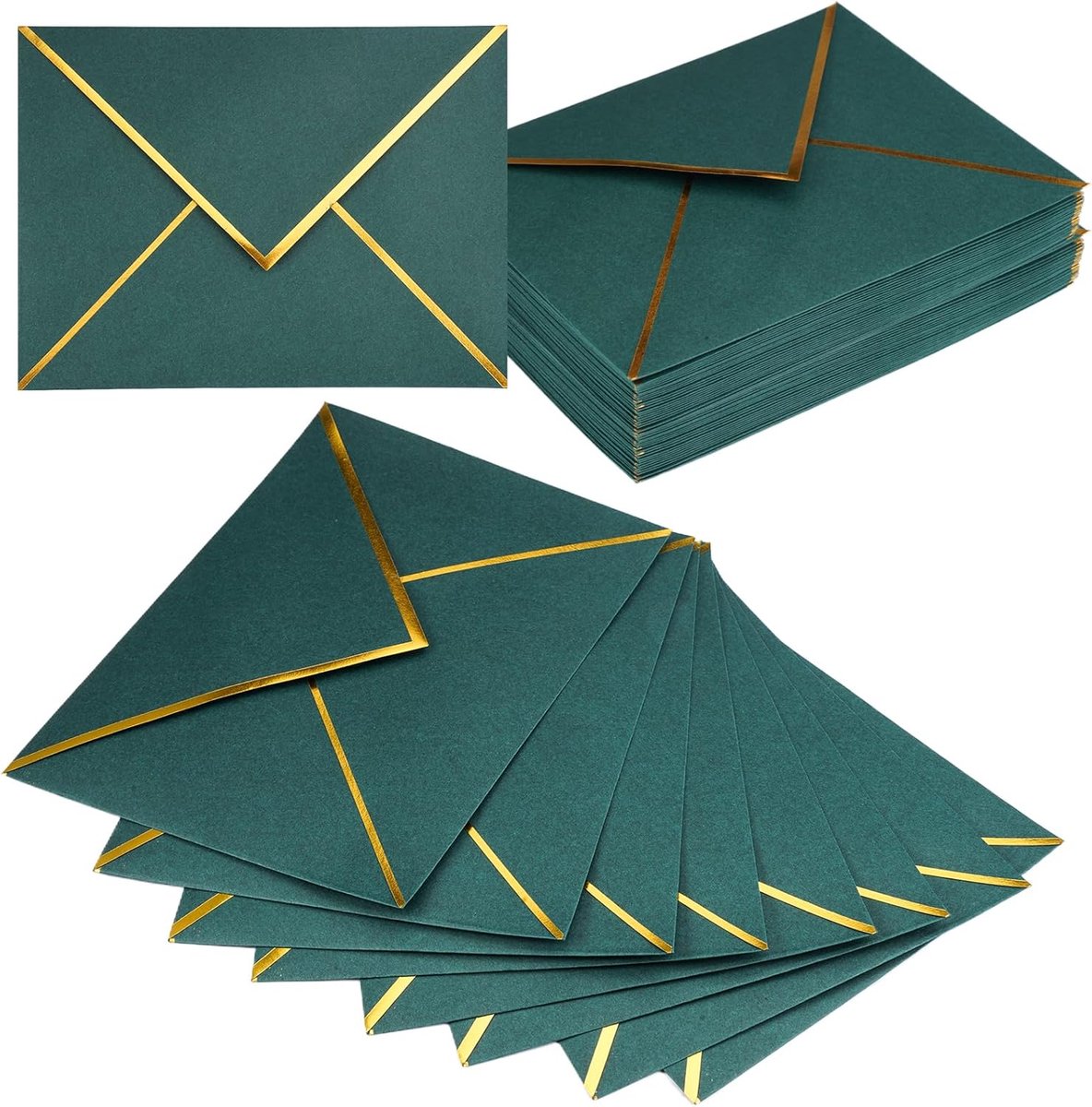 50 stuks groene uitnodigingsenveloppen met goudfolie rand, C5 formaat - 13,5 x 18,5 cm - voor bruiloften, wenskaarten