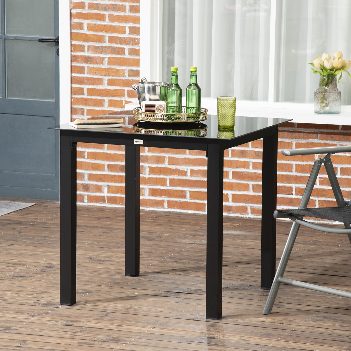 MEUNIQ tuintafel vierkant 80 x 80 x 74 cm voor 4 personen, aluminium terrastafel met gehard glazen tafelblad, balkontafel voor tuin en terras, zwart