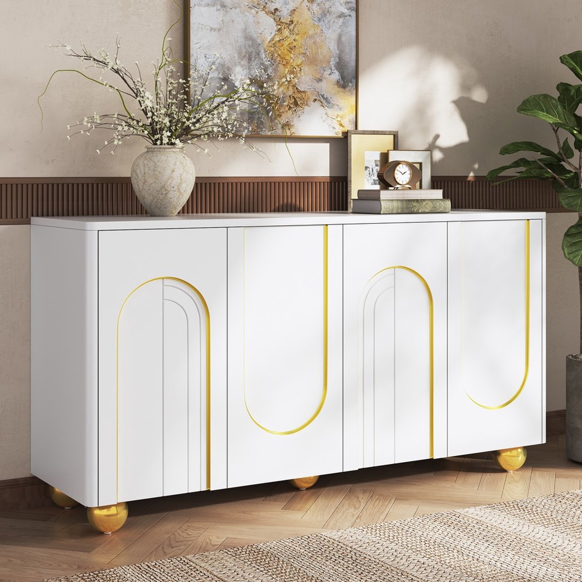 KOMHTOM Dressoir - 3 Deuren - Woonkamer Opbergkast - Met Boogmotief en Goudlijnen - Metalen Bolvormige Poten - Eetkamer Hal Kast - Zwart Goud Design
