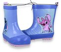 Lila regenlaarzen met een patroon van stippen en de personages Stitch en Angel.